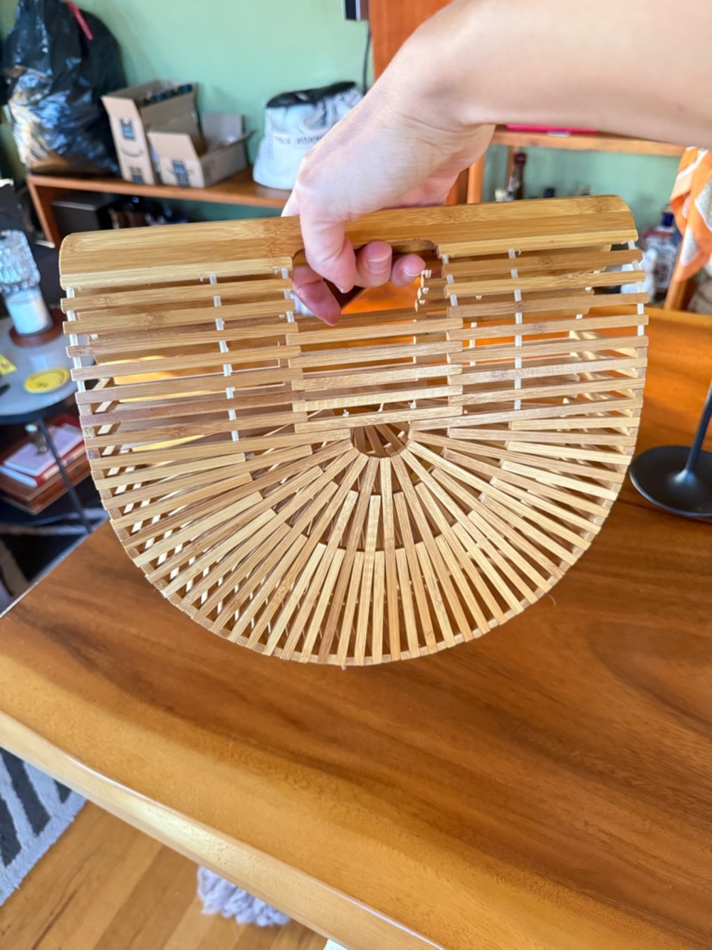 Handwoven Bamboo Half-Moon Tote Bag - Natural